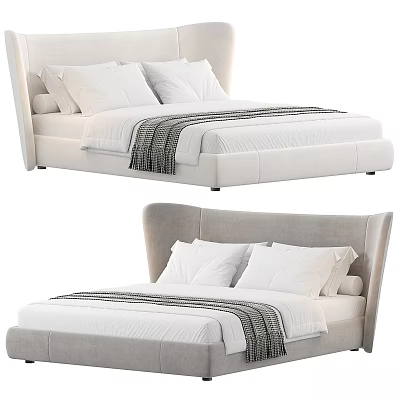 Modern Double Bed With Upholstered Headboard Light Color Striped Blanket And Decorative Pillows 3d model