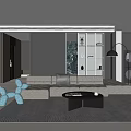 Modern Living Dining Room With Gray Sofa Black Coffee Table Blue Decor Shelving And Windows