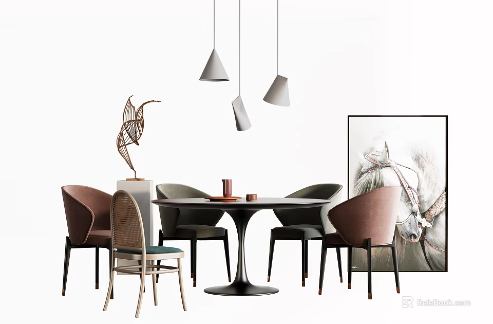 Dining Table Set with Mixed Chairs Pendant Lights and Framed Wall Art 3d model