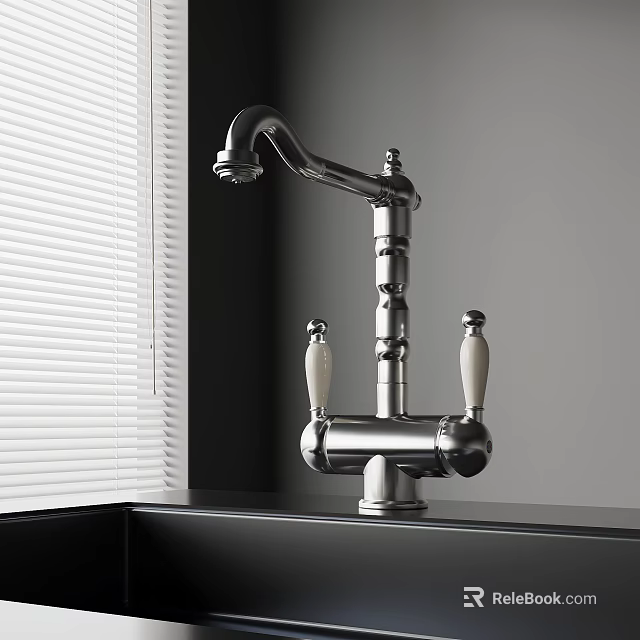 Classic Chrome Kitchen Faucet With White Handles On Black Countertop Near Window Blinds 3d model 
