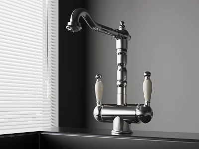 Classic Chrome Kitchen Faucet With White Handles On Black Countertop Near Window Blinds 3d model