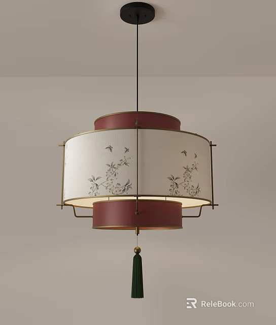 Traditional Chinese Style Chandelier With Red Accents White Fabric Shade And Floral Bird Designs 3d model 