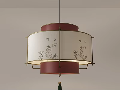 Traditional Chinese Style Chandelier With Red Accents White Fabric Shade And Floral Bird Designs 3d model