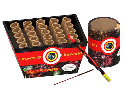 City Style Fireworks Box With Cylindrical Tubes And Igniter Tool 3d model