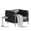 Black Leather Single Sofa with Metal Frame Round Side Table and Cozy Blanket