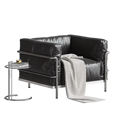 Black Leather Single Sofa with Metal Frame Round Side Table and Cozy Blanket 3d model