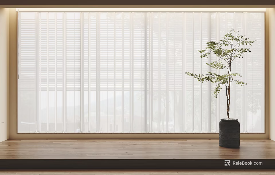 White Venetian Blinds in Bright Interior With Wooden Floor and Potted Tree 3d model 