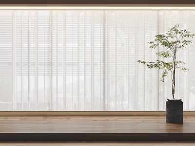 White Venetian Blinds in Bright Interior With Wooden Floor and Potted Tree 3d model