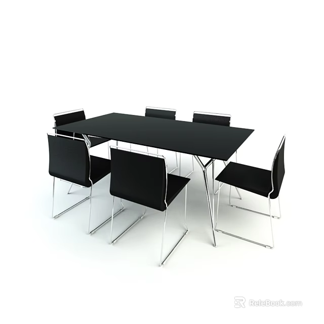 Black Rectangular Dining Table Set With Six Black Chairs And Silver Metal Legs 3d model 