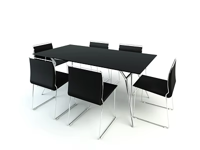 Black Rectangular Dining Table Set With Six Black Chairs And Silver Metal Legs 3d model