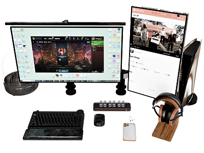 Gaming Computer Setup With Dual Monitors Keyboard Mouse And Headset 3d model