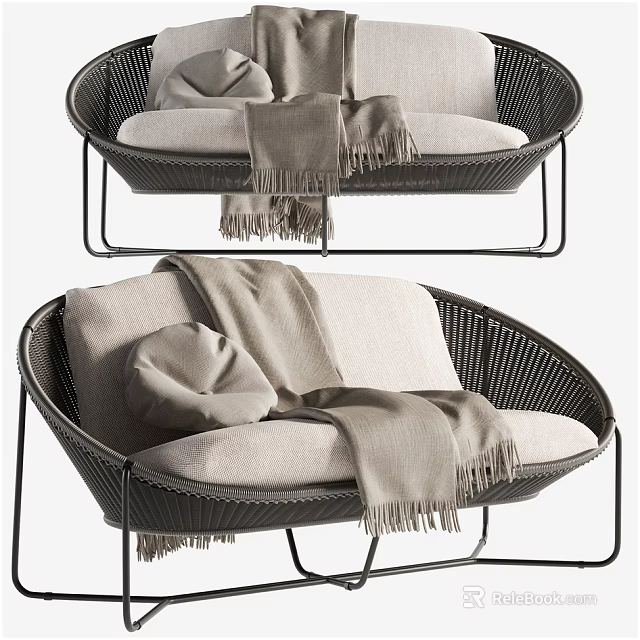 Modern Wicker Multi Seat Sofa with Metal Frame Beige Cushions and Soft Blanket 3d model 