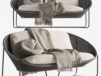 Modern Wicker Multi Seat Sofa with Metal Frame Beige Cushions and Soft Blanket 3d model
