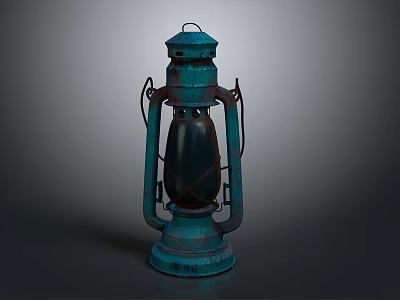 Vintage Kerosene Lantern With Turquoise Metal Frame Glass Shade And Retro Design 3d model