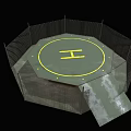 Octagonal Helicopter Landing Pad With Green Surface Yellow H Symbol Chain Link Fence And Ramp