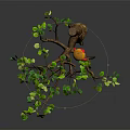 Cartoon Tree Scene With Green Leaves Small Yellow House And Brown Trunk On Dark Background