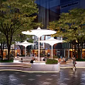 Vibrant Plaza Landscape Featuring White Canopies Seating Areas Green Trees And Pedestrians