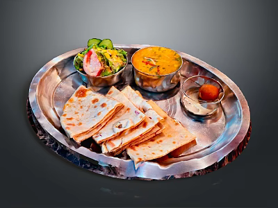 Traditional Indian Food Platter With Naan Roti Yellow Curry Fresh Salad And Sweet Treat 3d model