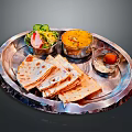 Traditional Indian Food Platter With Naan Roti Yellow Curry Fresh Salad And Sweet Treat