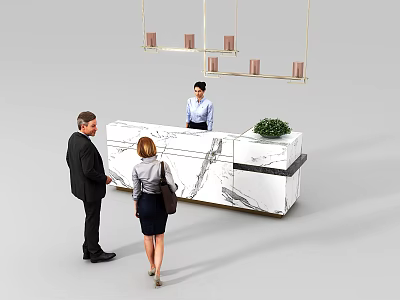 Modern White And Black Marble Reception Desk With Receptionist Visitors Hanging Lights And Potted Plant 3d model