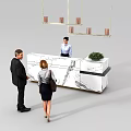 Modern White And Black Marble Reception Desk With Receptionist Visitors Hanging Lights And Potted Plant