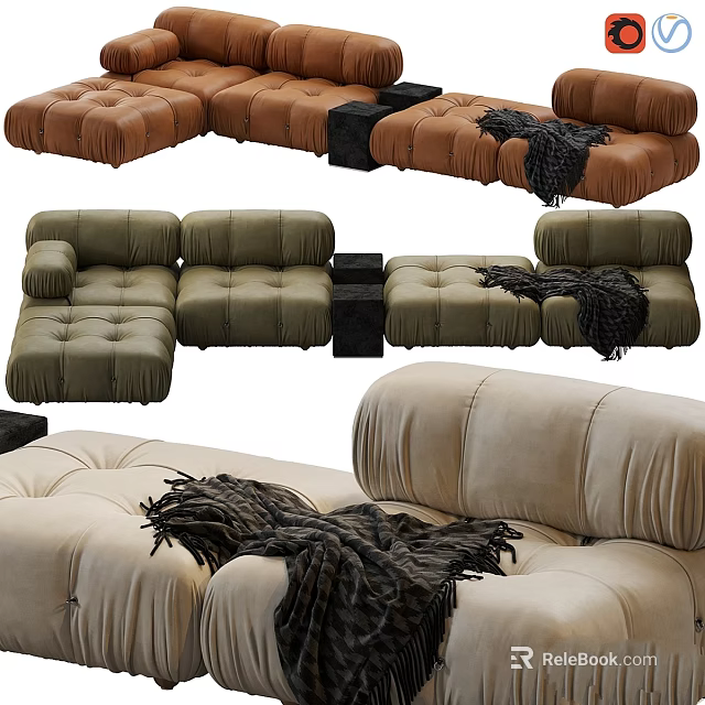 Modern Multi Colored Tufted Sofa Set With Soft Velvet Fabric And Throw Blankets 3d model 
