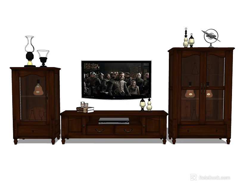 Dark Wood TV Stand Interior With Glass Door Cabinets And Decorative Items 3d model 