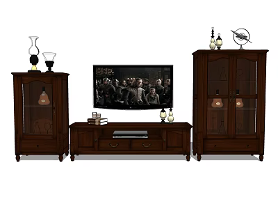 Dark Wood TV Stand Interior With Glass Door Cabinets And Decorative Items 3d model