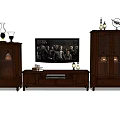 Dark Wood TV Stand Interior With Glass Door Cabinets And Decorative Items