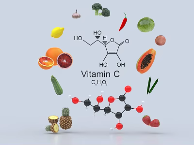 Decorative Ornament Set Featuring Vitamin C Molecular Structure and Fresh Fruits Vegetables 3d model