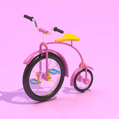 Pink Kids Bicycle with Yellow Seat and Blue Pedals on Pink Background 3d model