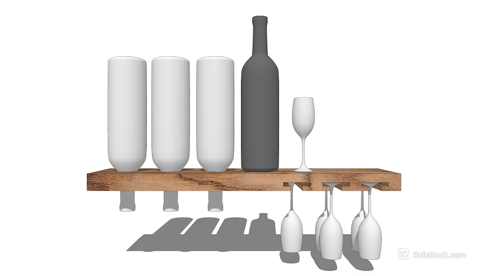 Tableware Set with Glasses Bottle and Hanging Wine Glasses on Wooden Shelf 3d model 