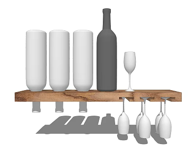 Tableware Set with Glasses Bottle and Hanging Wine Glasses on Wooden Shelf 3d model