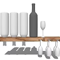 Tableware Set with Glasses Bottle and Hanging Wine Glasses on Wooden Shelf