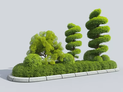 Roadside Greenery Facilities With Well Trimmed Spiral And Rounded Shrubs And White Curbstones 3d model