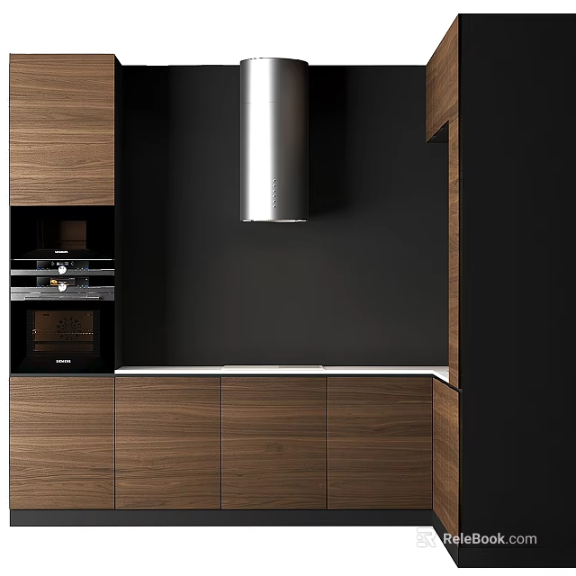 Modern Dark Kitchen Interior With Wooden Cabinets Range Hood And Oven 3d model 