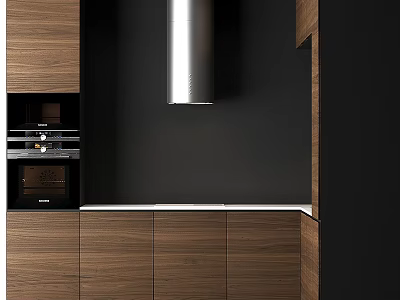 Modern Dark Kitchen Interior With Wooden Cabinets Range Hood And Oven 3d model