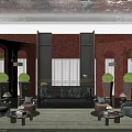 Elegant Hotel Lobby With Red Brick Walls Arched Windows Green Sofas And Potted Plants