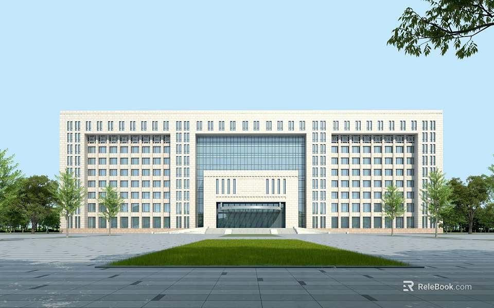 Modern Office Building Exterior With Symmetrical Design Large Windows Lawn And Trees 3d model 