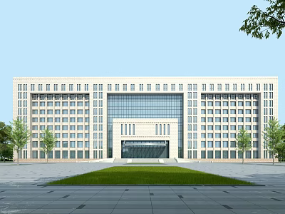 Modern Office Building Exterior With Symmetrical Design Large Windows Lawn And Trees 3d model