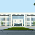Modern Office Building Exterior With Symmetrical Design Large Windows Lawn And Trees