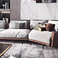 Modern Living Room With Stylish Sofa And Coffee Table Set Cushions Green Plants Chandelier And Marble Wall
