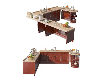 Kitchen Interior With Cabinets Wooden Countertop Sink Appliances And Fresh Fruits 3d model
