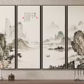 Four Panel Traditional Chinese Landscape Painting With Mountains Water Boats Trees And Calligraphy