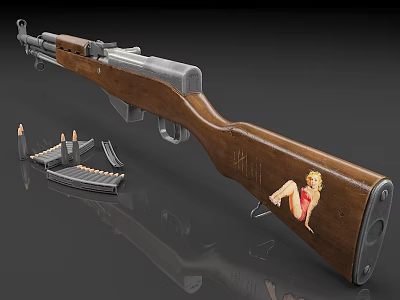 Vintage Military Rifle With Wooden Stock Featuring Pin Up Girl Design And Ammunition Clips Bullets 3d model