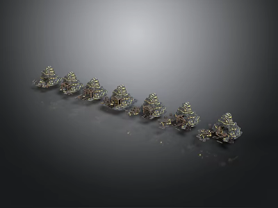 Shiny Decorative Tower Ornaments With Intricate Details Arranged In A Row 3d model