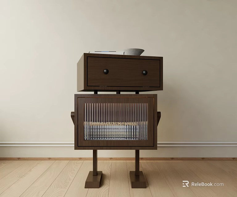 Dark Brown Decorative Cabinet With Upper Drawer Lower Glass Panel Door And Bowl On Top 3d model 