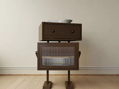 Dark Brown Decorative Cabinet With Upper Drawer Lower Glass Panel Door And Bowl On Top 3d model