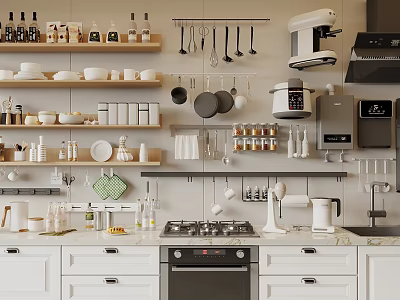 Modern Kitchen Tableware Set With Ceramic Bowls Plates Cups And Hanging Utensils On Shelves 3d model