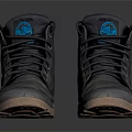 Dark Gray Lace Up Boots With Blue Logo And Brown Rubber Sole Design